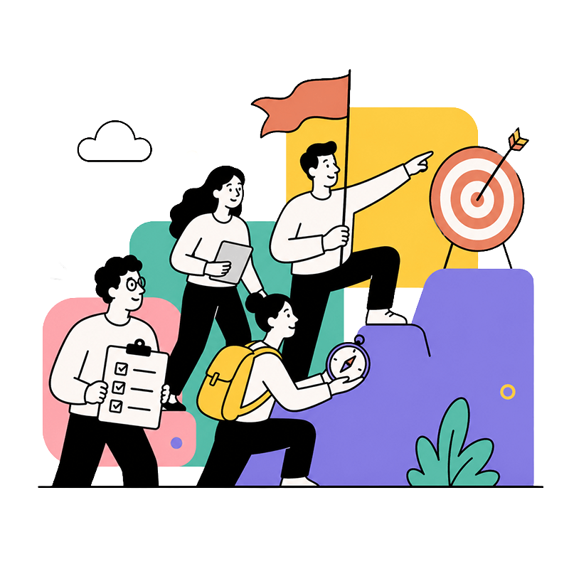 Team climbing a mountain with a flag and target