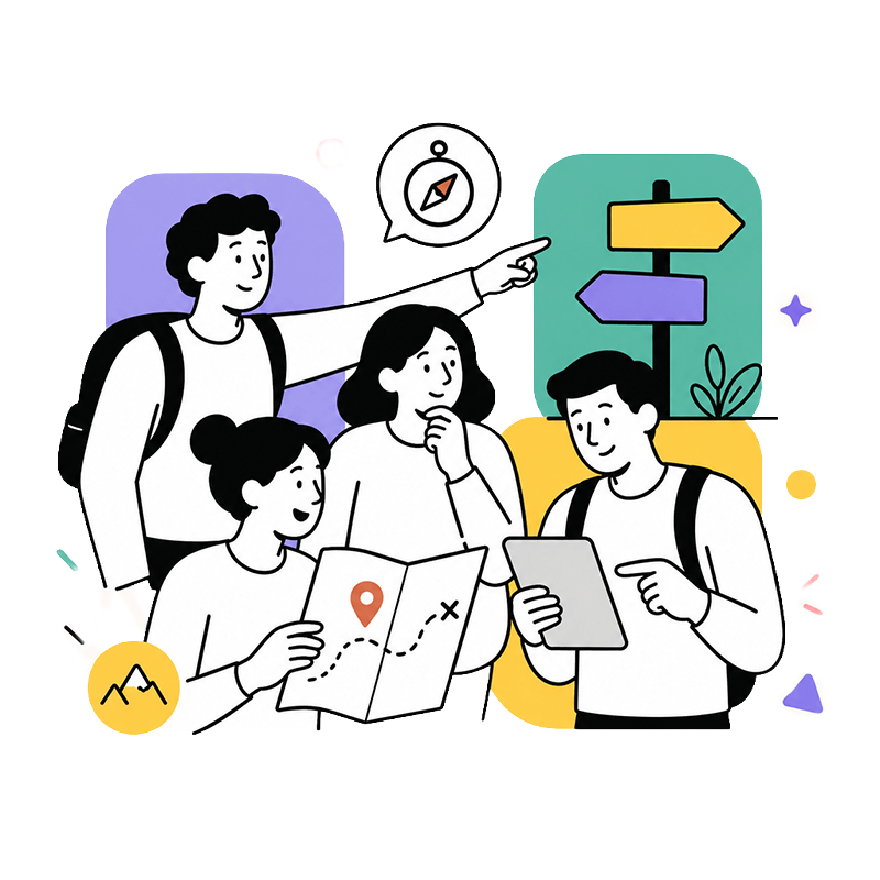 Friendly characters reading and pointing at a learning path